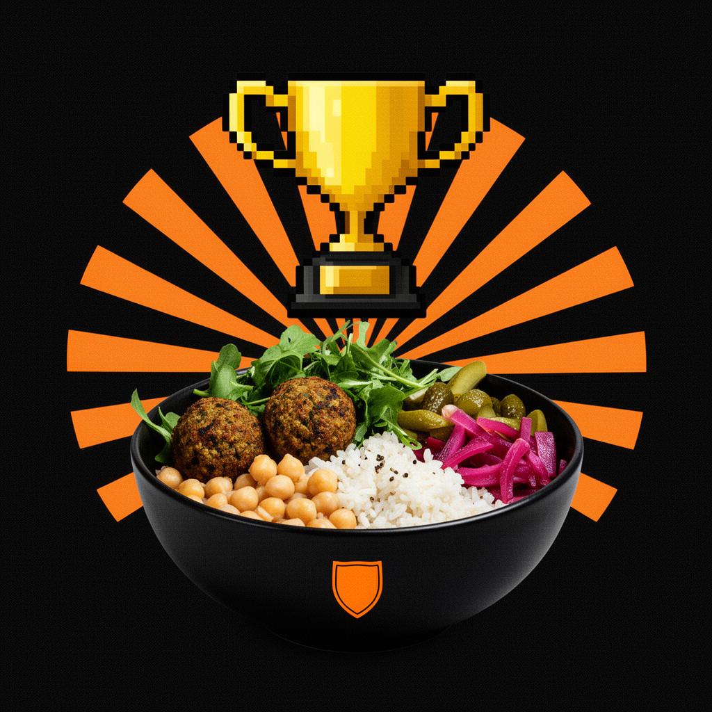 A bowl of meals with a pixel trophy above it